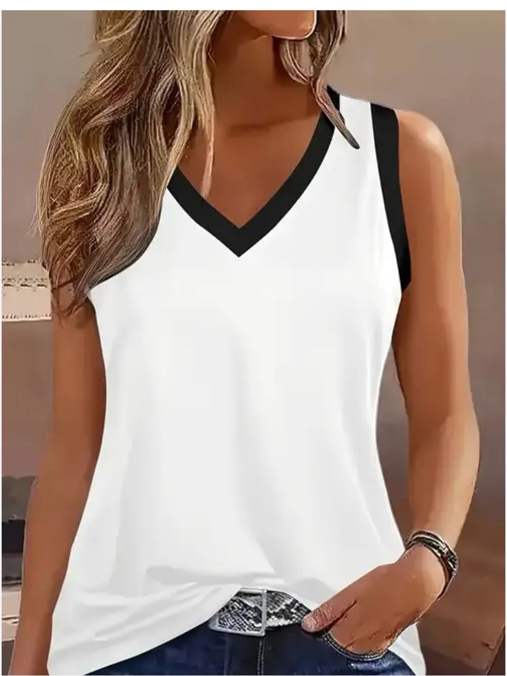Karl Lagerfeld White V-Neck Sleeveless Camisole with Black Trim